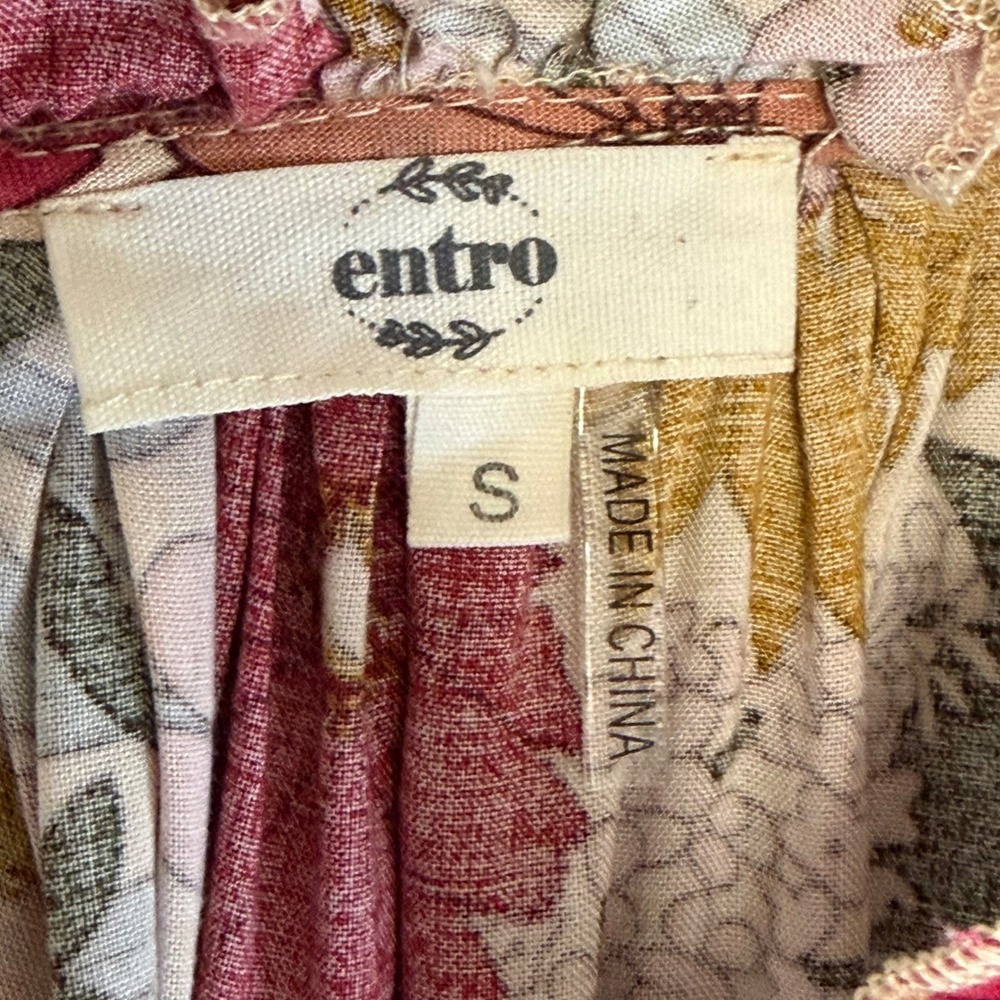 Entro Floral Blouse Small Pink Mustard Retro Boho Ruffle V-Neck Cottagecore - Picture 6 of 8